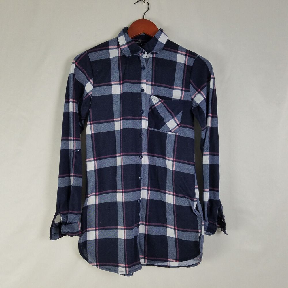 Rue21 Shirt Womens XS Blue Tunic Top Plaid Long Roll Tab Sleeve Pocket Button Up